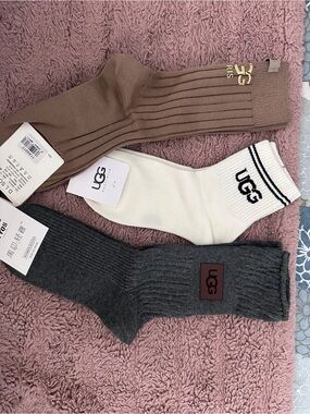 UGG Women's 3-Pack Ribbed & Logo Socks — Taupe, White & Charcoal